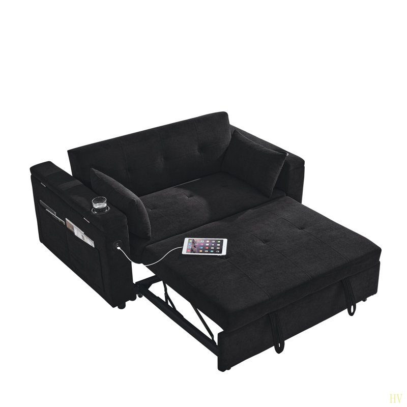 Canapé-lit inclinable à deux places de 54 po avec accoudoirs avec rangement et poches latérales, dossier réglable et coussin lombaire pour appartements, salons, etc. avec prise de courant USB