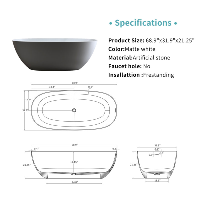 Baignoire de trempage autoportante 69 pouces avec surface blanche matte et trop-plein avec trop-plein