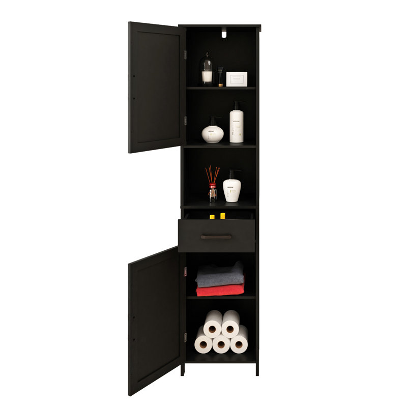 Black Tall Linen Cabinet with Adjustable Shelves, Drawer & X-Panel Doors – Farmhouse Style Freestanding Organizer for Toiletries and Towels