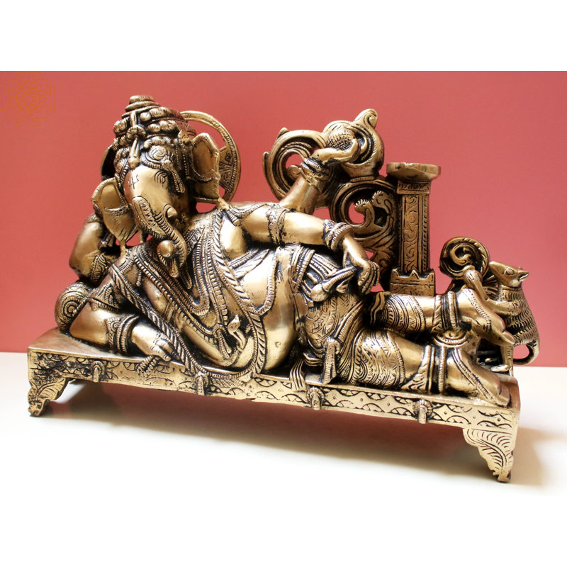 Brass Reclining Ganesha with Diya Oil Lamp, 14.5 in. Wide     Hindu Deity Statue for Home Altar & Meditation Room