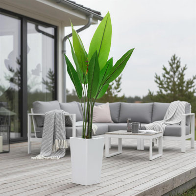 Grand oiseau artificiel artificiel - feuille de bananier réaliste avec jardinière blanche - verdure exotique luxuriante, décor facile d'entretien - 147 cm, pot blanc haut, pièce unique