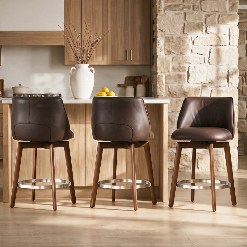 Ensemble de tabourets de bar modernes de hauteur comptoir de 3, 26 po avec tabourets pivotants en bois massif et tabourets de comptoir en similicuir café pour îlot de cuisine