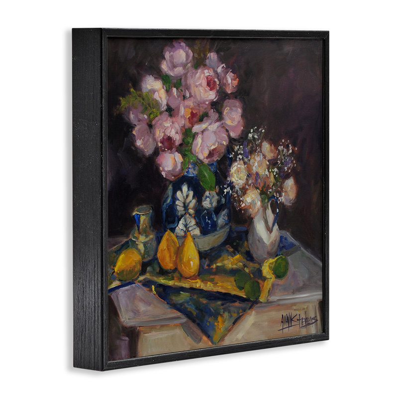 «Moody Blossoms Still Life», estampe numérique, conception signée Allayn Stevens, Giclée encadrée noir minuit