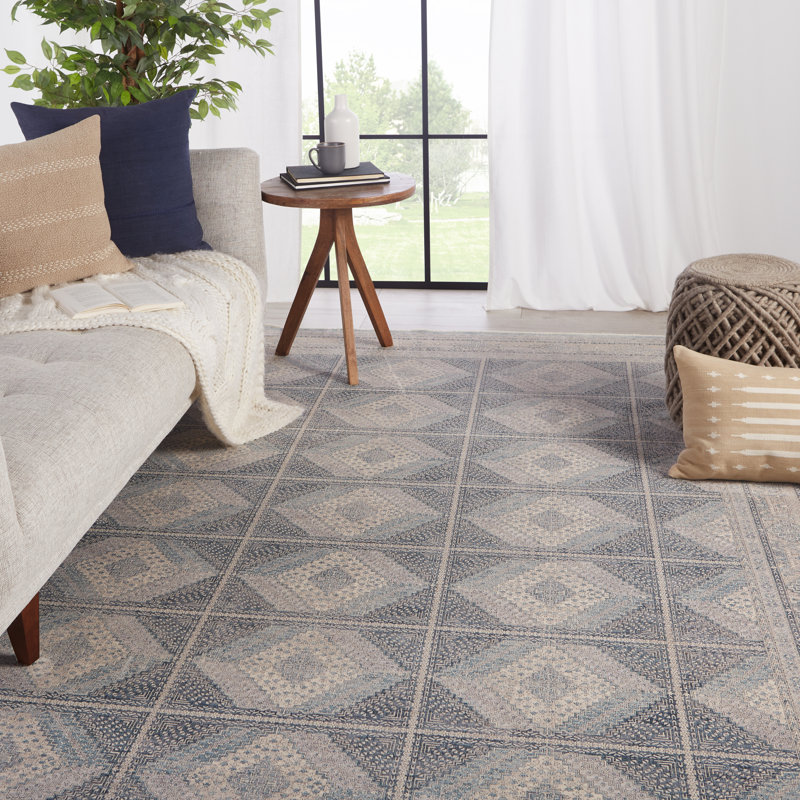 Bleu géométrique/Tapis décoratif crème zopyros, Rectangulaire 6 pi 3 po x 9 pi 6 po