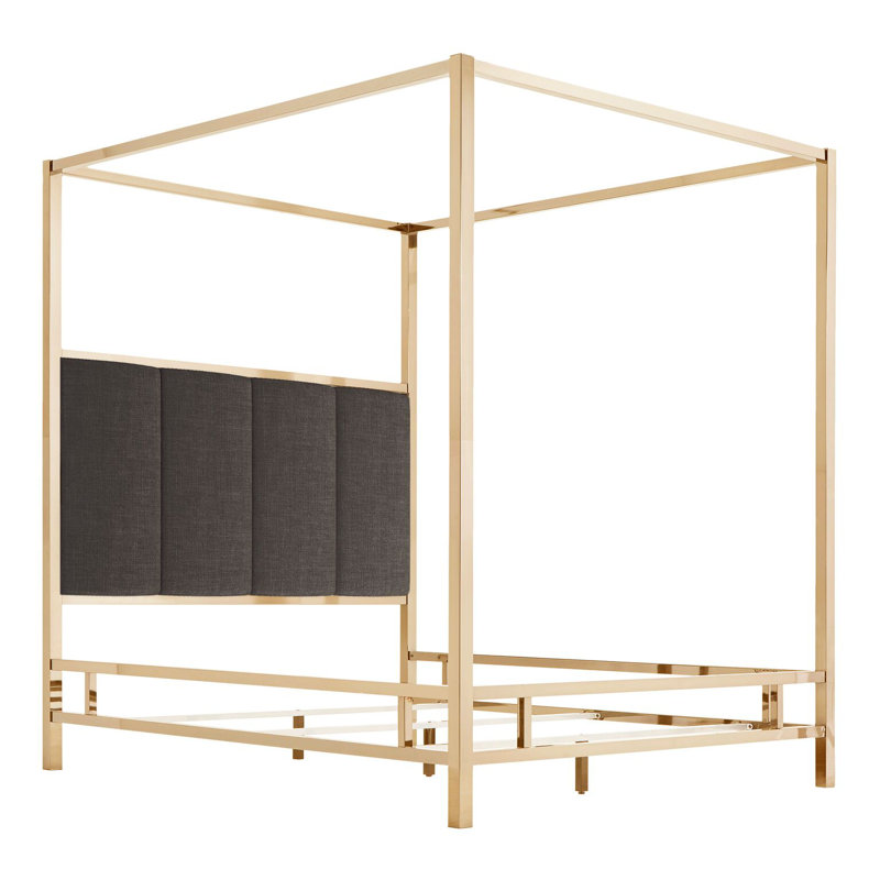 Upholstered Metal Canopy Bed, Champagne Gold/Dark Gray, Full