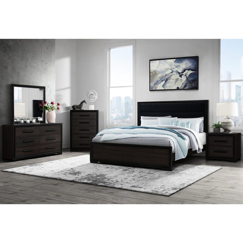 Lit très grand avec lit à DEL, bois massif moderne et lit, tête de lit tapissier en noir complet (accent, garniture, rembourrage, détails brun tout autour)