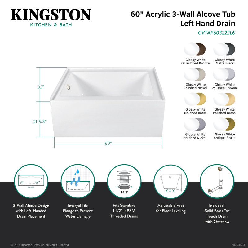 Kingston Brass Aqua Eden 60-Inch Acrylic Rectangular 3-Wall Alcove Tub, Hand Drain, Left, Oil Rubbed Bronze