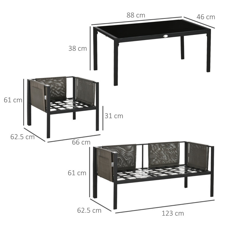 4 Piece Light Grey Metal Garden Furniture Set with Loveseat, 2 Armchairs and Tempered Glass Coffee Table