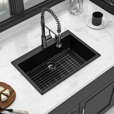 Black Granite Look Quartz Sink 33x22", And , Surface For Easy Hygiene Cleaning, Reduces Noise Composite High Quartz, Stable, Smooth Limits Dirt Accumulation, Quiet Operation