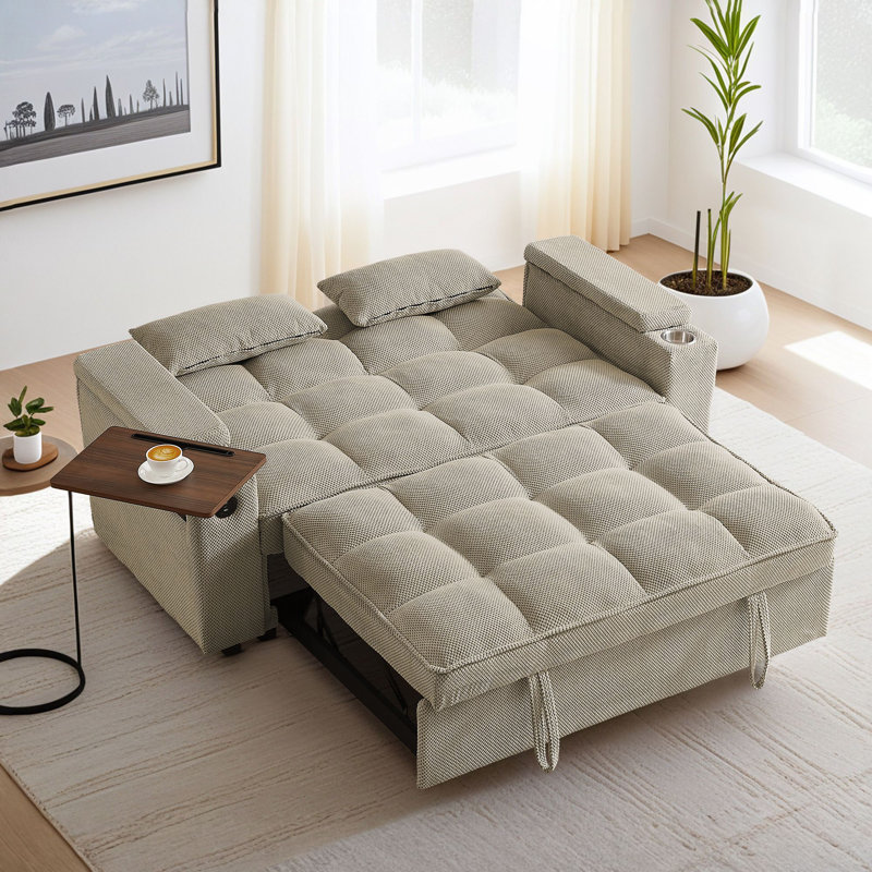 Canapé-lit moderne de 65,3 po avec port USB et rangement - causeuse escamotable pour petits espaces, Kaki
