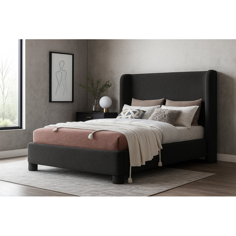 Ivyann Upholstered Unfinished Wingback Bed, Full/Double, Black Boucle Fabric
