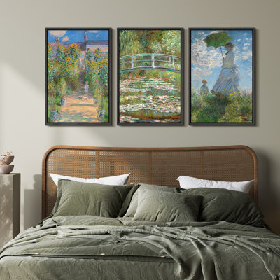 Claude Monet, art mural sur toile encadré jardin et paysage - ensemble impressionniste de 3 pour décoration intérieure classique