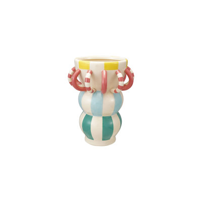Hand-Painted Stoneware Vase with Striped Pattern & 3D Loops