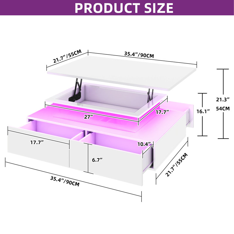  Rectangular LED Lift Top Coffee Table With 4 Drawers & Hidden Compartment, White