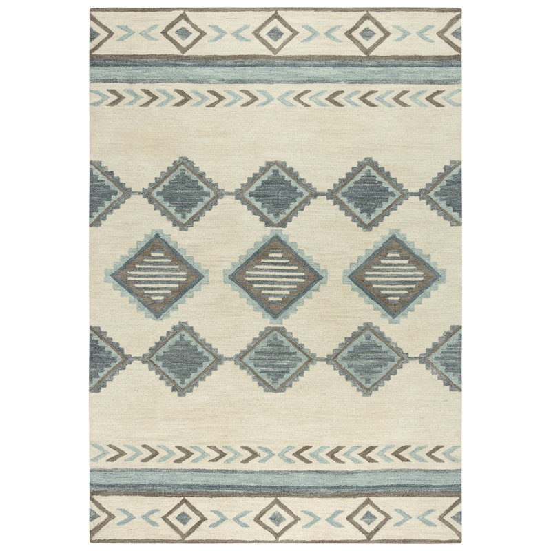 Tapis bleu / beige en laine touffeté à la main Southwestern, Rectangle 7 pi 9 po x 9 pi 9 po