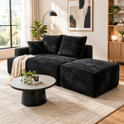 Petit canapé-lit modulaire en forme de L, méridienne orientée vers la gauche avec repose-pieds, canapé surdimensionné sans os, 3 coussins, velours côtelé noir