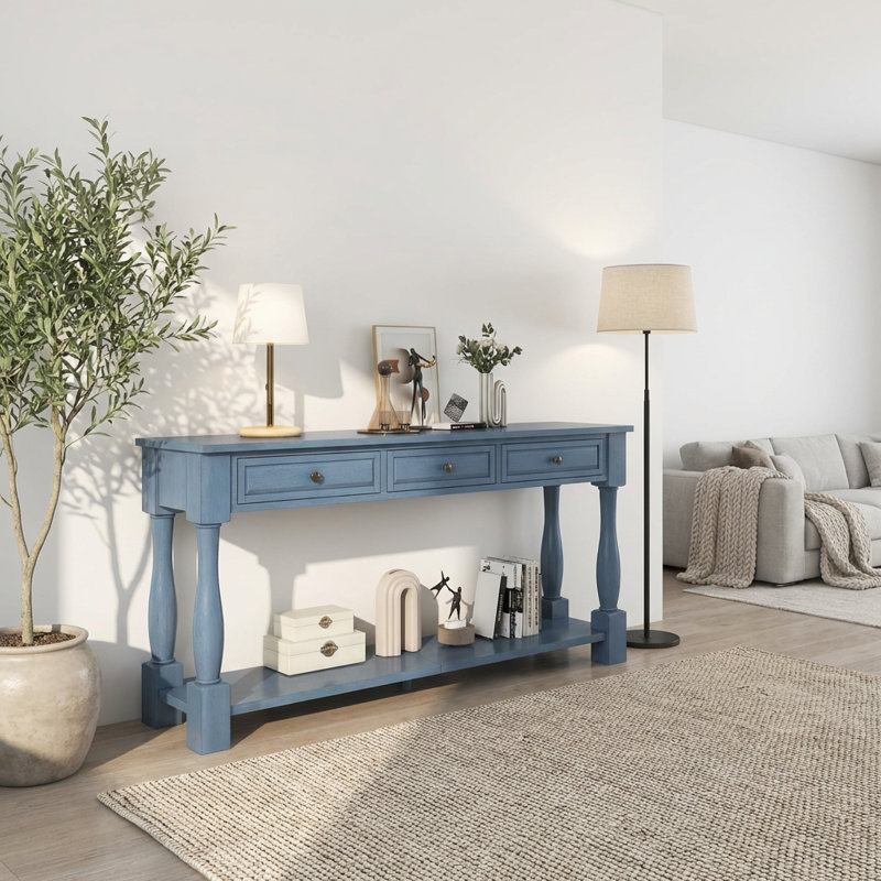 Très grande console avec tiroirs et tablette de rangement de style méditerranéen classique, Marine