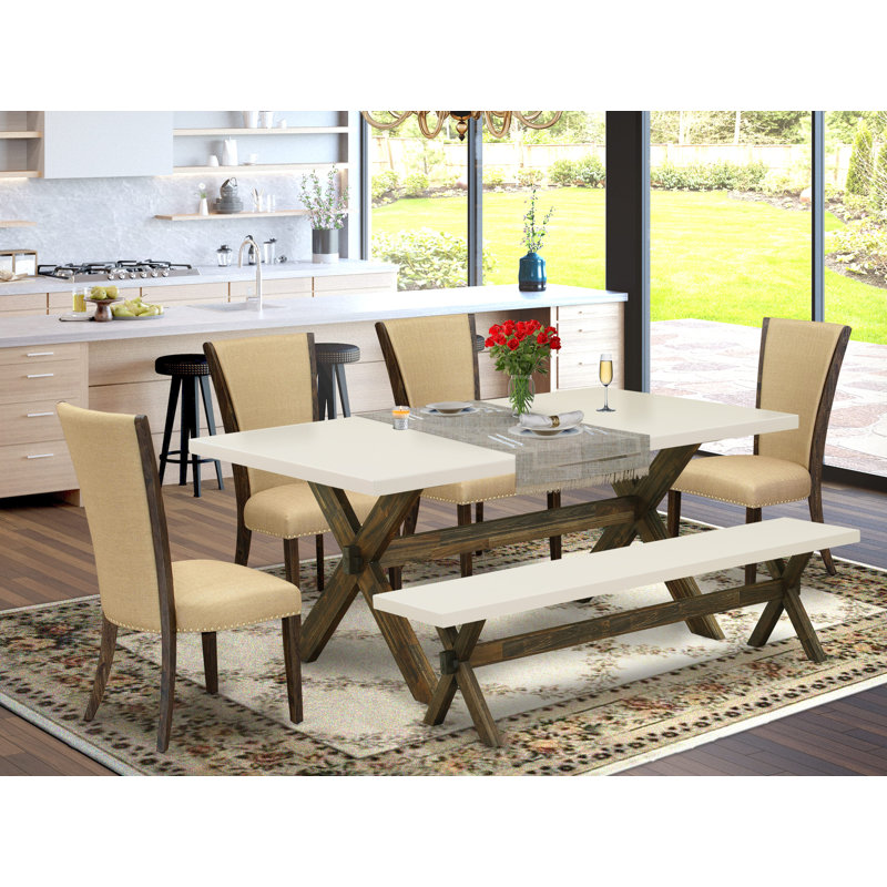 6 Piece Dining Room Table Set Contains a Rectangle Kitchen Table with X-Legs and 4 Brown Linen Fabric Parson Chairs with a Bench, Distressed Jacobean Finish