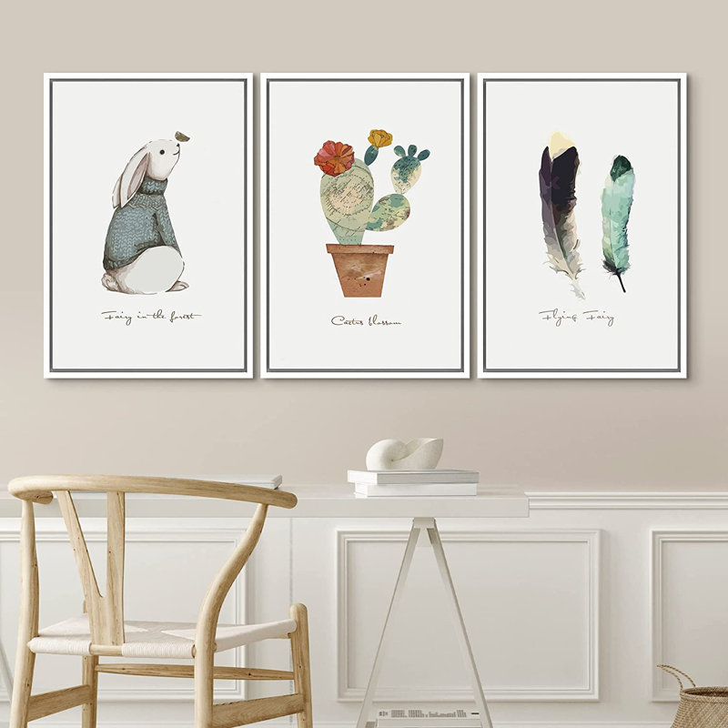 IDÉE4WALL, ensemble de reproductions d'art encadrées, lapin, cactus et plumes, trio, nature sauvage, illustrations, art moderne, rustique, pastel coloré pour le salon, la chambre à coucher, le bureau