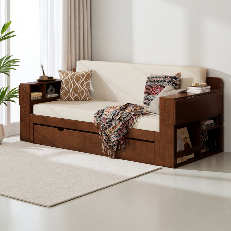 Lit de jour avec bureau amovible, tiroirs de rangement et table d'appoint hydraulique, Espresso, Grand lit