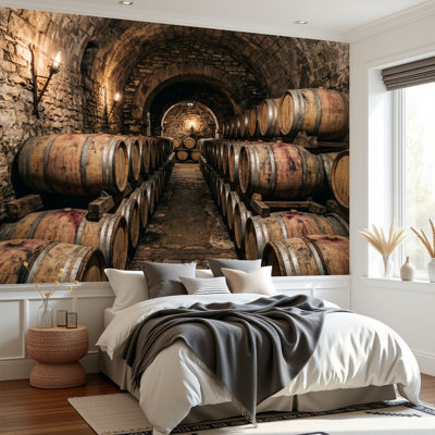[style] Peel and Stick Wallpaper Rustic Wine Cellar Interior Wooden Barrels Stone Walls Wall Murals 69"H x 96"W Removable PVC Wall Paper Self-Adhesive Wall Decor for Bedroom Living Room Home Office