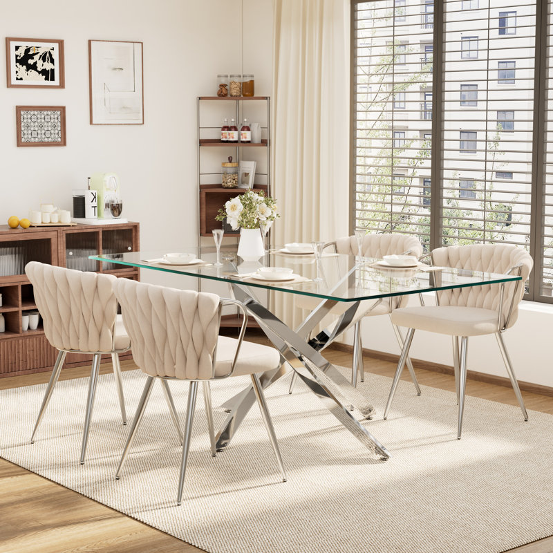 5-Piece Rectangle Glass Dining Table Set, Beige, Sliver, 29.5"H x 71"L x 31.5"W