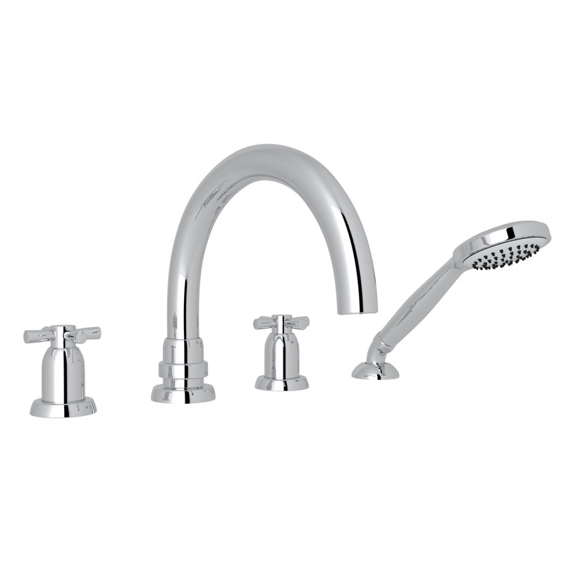 Holborn 4-Hole Deck Mount Tub Filler With C-Spout, Polished Chrome, Poignées croix