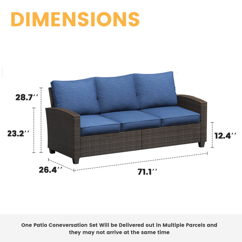 3-Seat Patio Wicker Sofa with Cushions, Slate Blue