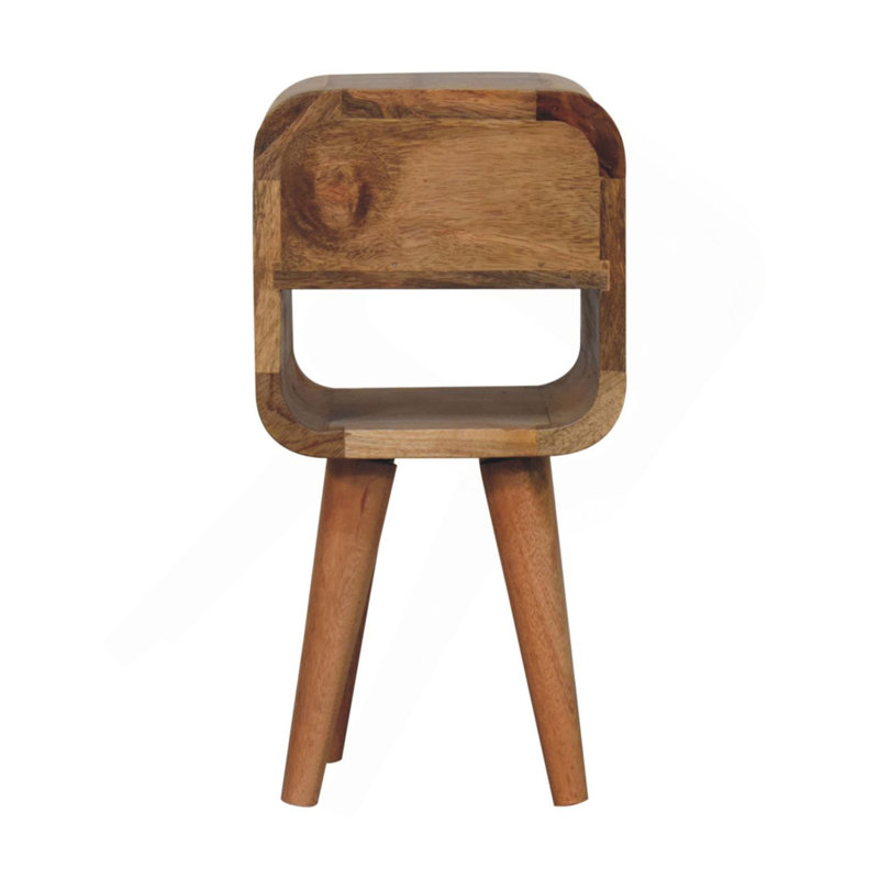 Table de chevet inférieure en bois extra-basse Oak-Ish Curve, 1 tiroir, 1 fente ouverte, pieds nordiques, brun