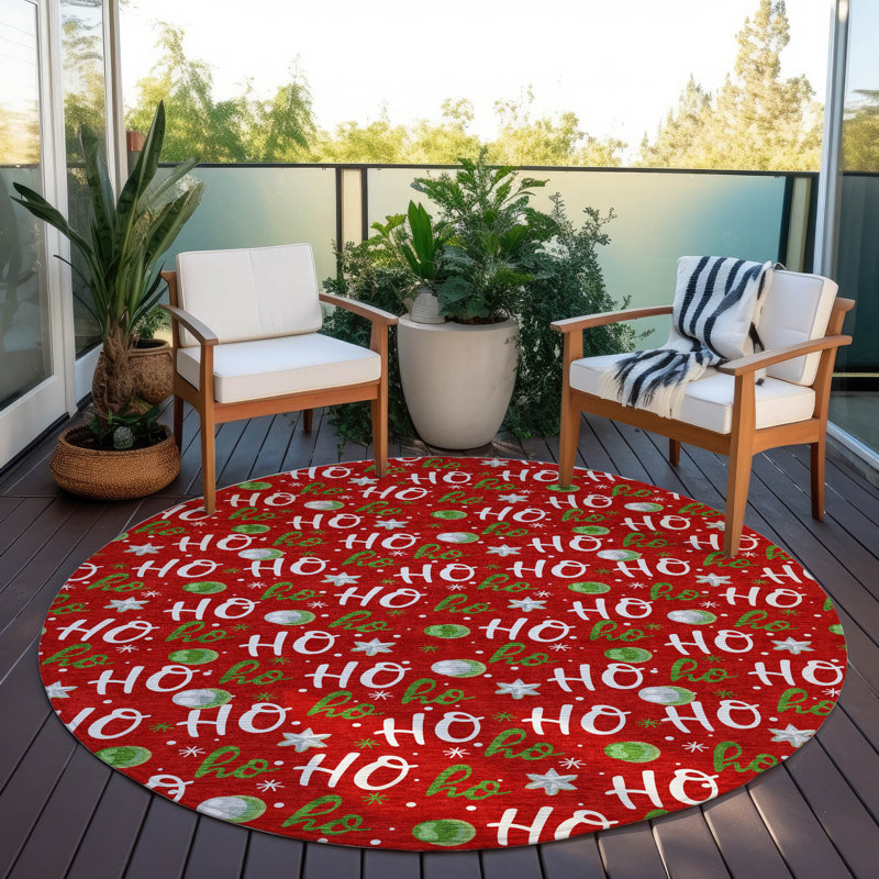 Machine Washable Indoor/Outdoor Snowflake Ho Ho Ho Xhevrie Red Rug, Round 8'