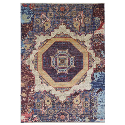 Tapis unique rouge, bleu marine, bleu et gris de 4 pi 11 po x 6 pi 11 po