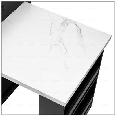 Extendable Kitchen Island with Dining Table, Faux Marble Top, Double-Sized Storage, and Built-in Power Outlet