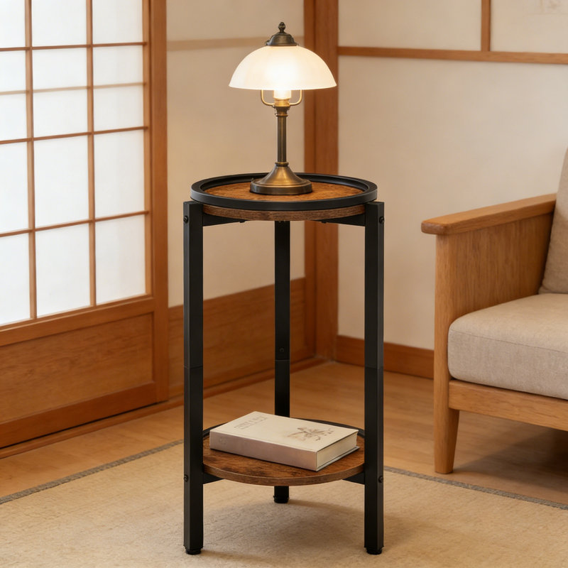 Table d'appoint ronde avec garde-corps anti-déversement, conception à piédestal mince à deux niveaux pour le salon ou la chambre à coucher, table d'appoint en bois rustique