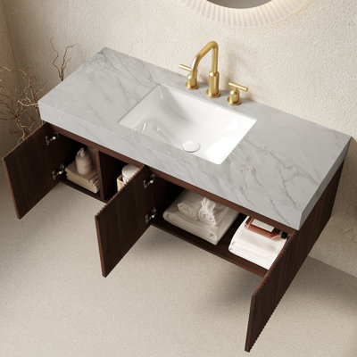 Meuble-lavabo suspendu de 122 cm avec lavabo, dessus en pierre frittée veinée gris Carrara et lavabo en céramique, 3 trous pour robinetterie, aspect bois de noyer (robinet et bonde non inclus)