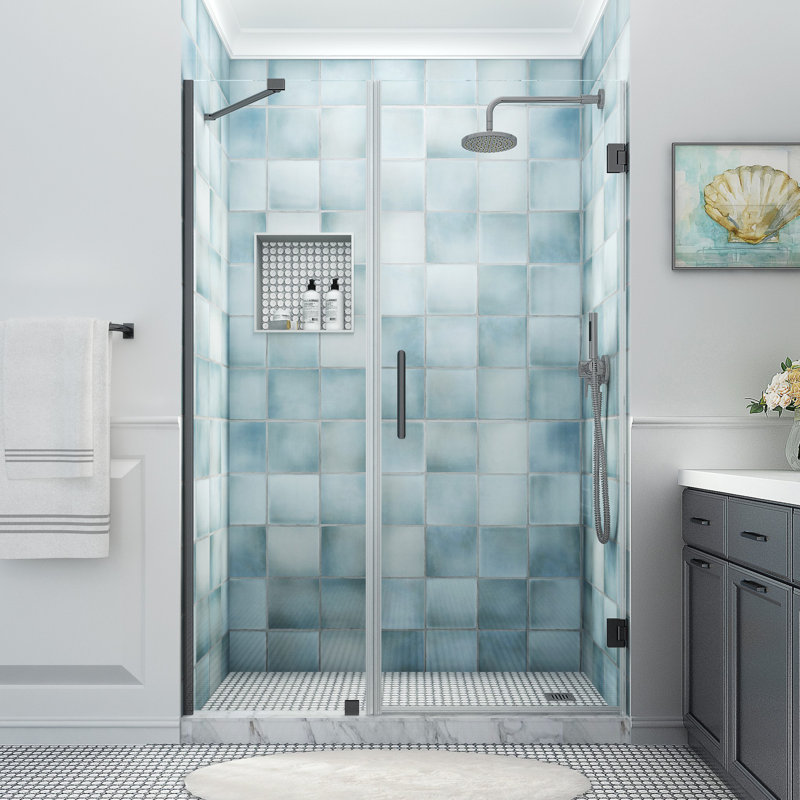 Belmore XL 58.25 - 59.25 in. x 80 in. Frameless Hinged Shower Door with Ultra-Bright Frosted Glass, Matte Black, Clear Glass