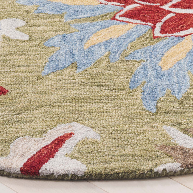 Jardin Handtufted Wool Cotton Floral Rug in Green/Blue, Round 7"