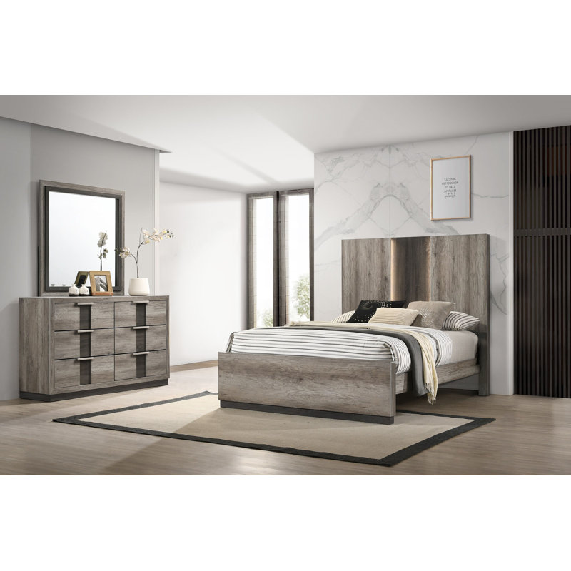 Ensemble de chambre à coucher avec lit à panneaux 6-1 Etsuyo, Trois pièces : lit, commode et miroir, Très grand