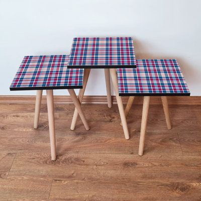 Modern Nesting Table Set (3 Pieces), Fuchsia, Blue & Pink, 13.8 x 20.5 x 13.8 inches | 100% MDF with Beech Wood Legs, Thickness: 0.7 inches | Stylish Chequered Design, Perfect for Living Room & Home Decor