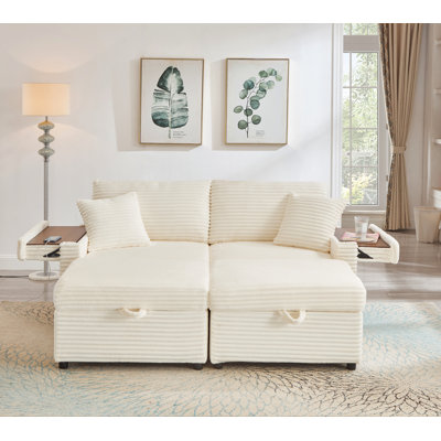 Canapé confortable moelleux en velours côtelé, espace de rangement pour grande causeuse, méridienne super moelleuse avec repose-pieds double et table de bout