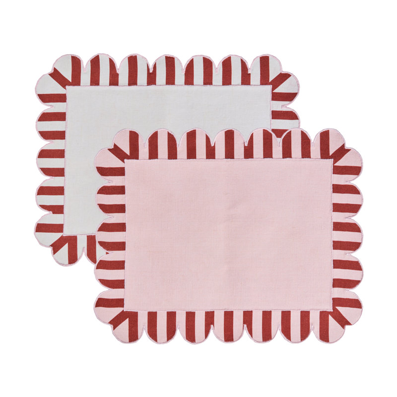 Embroidered Linen Scalloped Stripe Double-Sided Placemats, Red