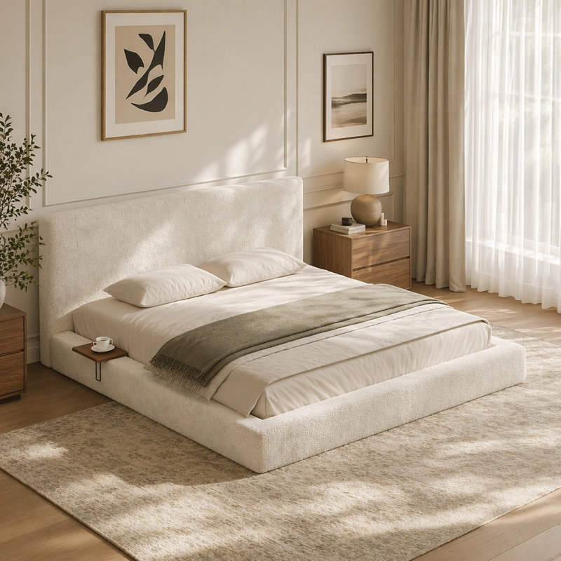 Lit tapissier Cloud avec table d'appoint coulissante, King