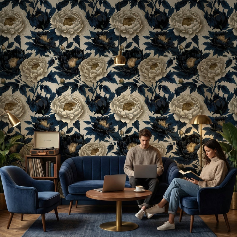 Papier peint floral, détail mural bleu marine