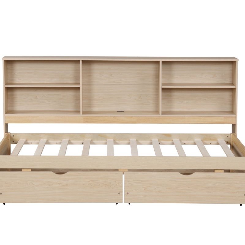 Twin Size Daybed with Side Bookshelves, 2 Storage Drawers and Built-in USB Port, Space-Saving Bed Frame, Natural, Natural
