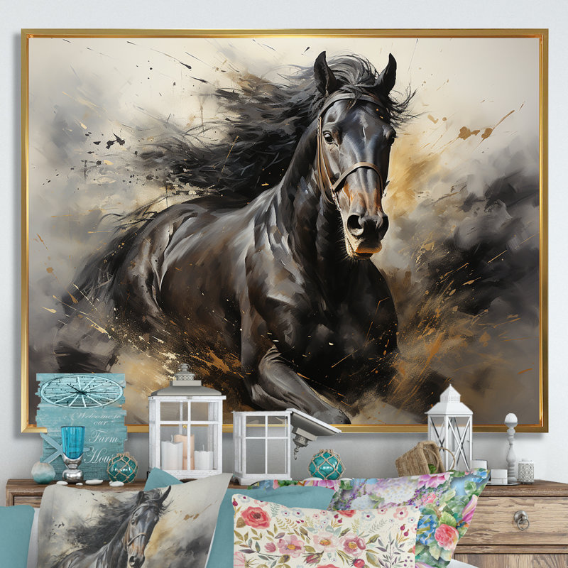 Étalon noir en mouvement I - cheval, art mural, Cadre flottant doré, H 12 po x l 20 po x P 1 po