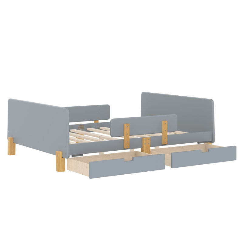 Lit plateforme avec tiroirs de rangement, structure de lit en bois massif avec garde-corps, Gris, Lit double