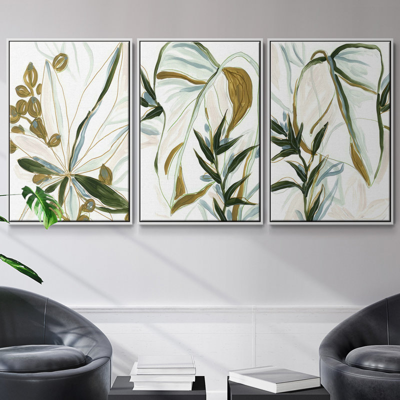 Tropical Impromptu I, ensemble de 3 toiles encadrées, H 40 po x l 78 po, Blanc