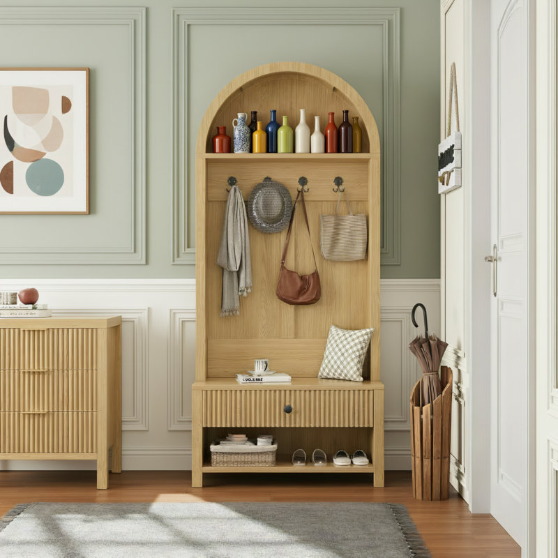 70.88-Inch Natural Color Farmhouse Style Wooden Coat Rack With Four Hooks - Suitable For Hallway, Foyer, Living Room, And Entryway Storage