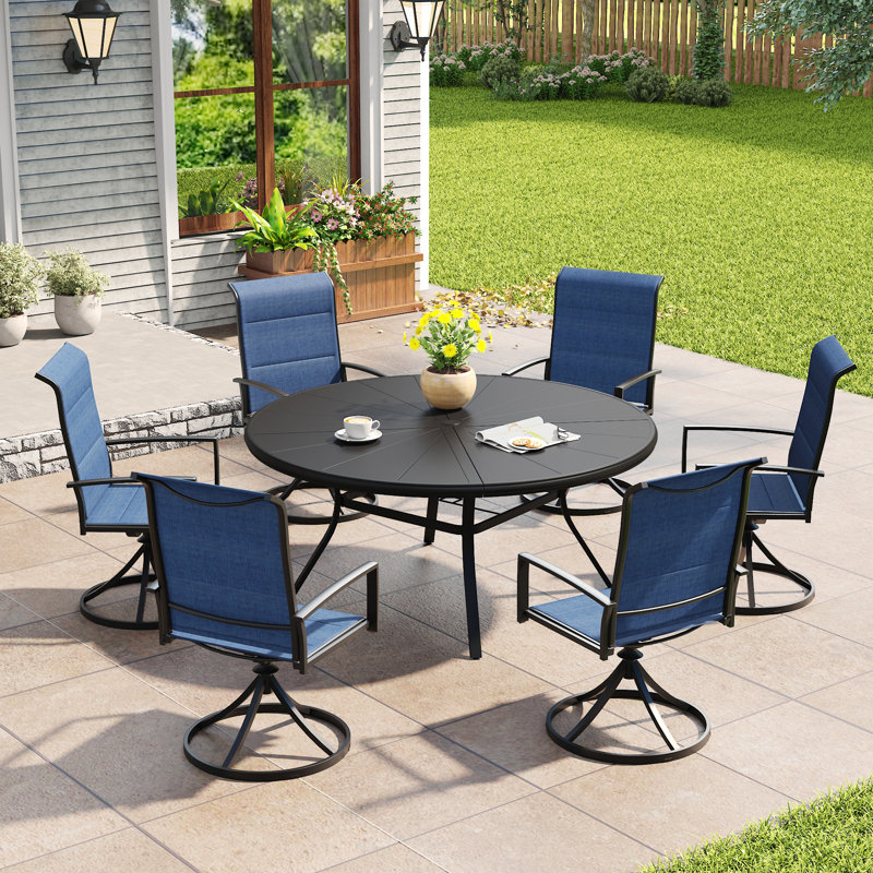 Ensemble de salle à manger de patio rond avec chaises ergonomiques pivotantes rembourrées, Noir / Bleu