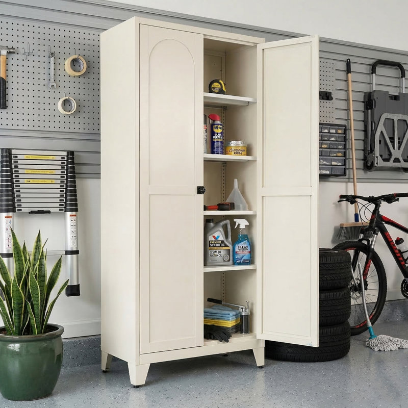 71" Metal Garage Storage Cabinet with 2 Shapely Doors, Adjustable Shelves Utility Organizer, Beige, Beige