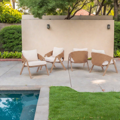 Ensemble de 4 chaises de salle à manger de patio résistantes aux intempéries, en rotin métallique et teck, style moderne pour l'extérieur